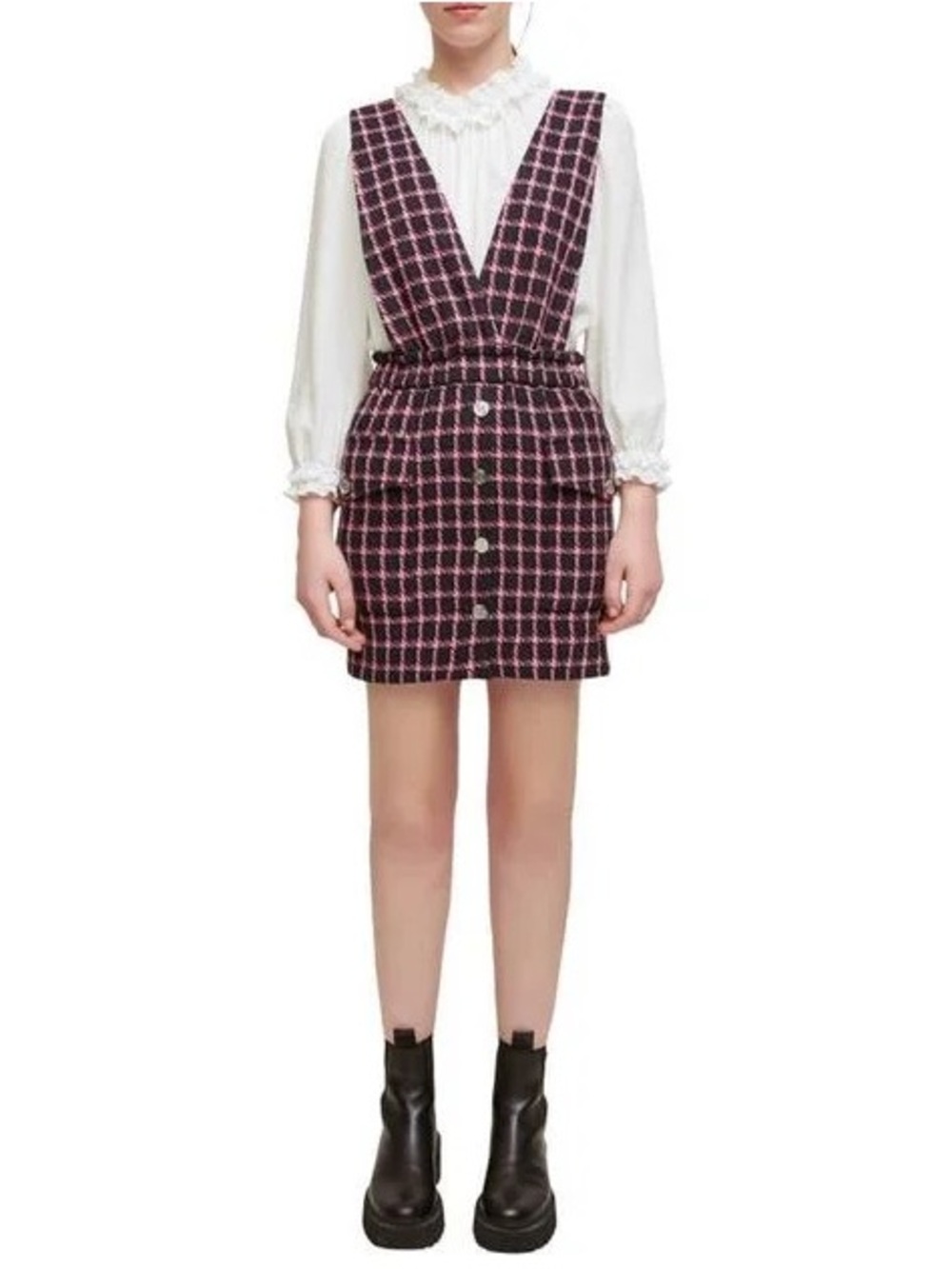 Maje Black & Fuchsia Houndstooth Jumpsuit dress Skirt Ovell